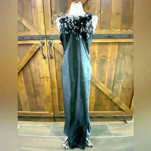Carabella Ostrich Feather Black Satin Slip Dress Size M